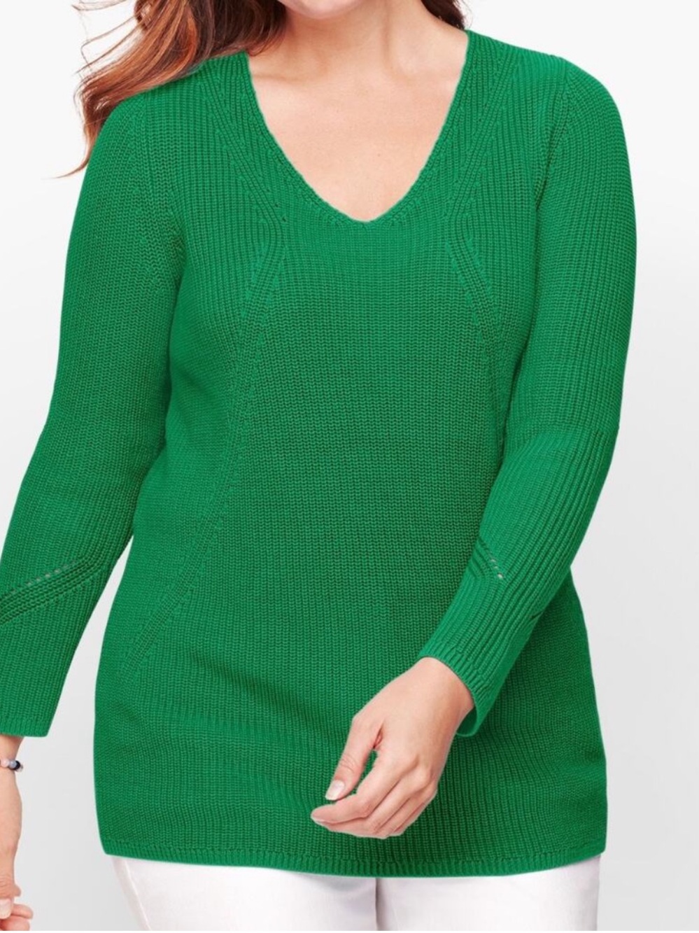 TALBOTS PIMA COTTON V-NECK SHAKER STITCH SWEATER in KELLY GREEN